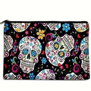 Skull with Flowers Cosmetic Bag Stylish Makeup Travel Pouch goth retro.        L